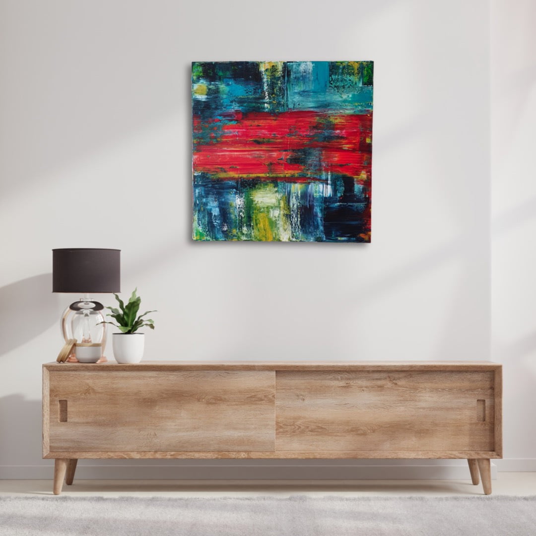 Tweed - Abstract acrylic painting by Belgian artist Laëtitia Nemery in a modern interior design. Art canvas in blue, green and contrasting red.