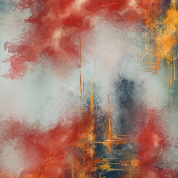 Zoom sur une peinture numérique d’art contemporain abstrait nommée Blitz réalisée par l’artiste peintre belge Laëtitia Nemery. Toile dont le bleu est le ton dominant traversée par un brouillard de jaune et rouge contrastant l’œuvre.