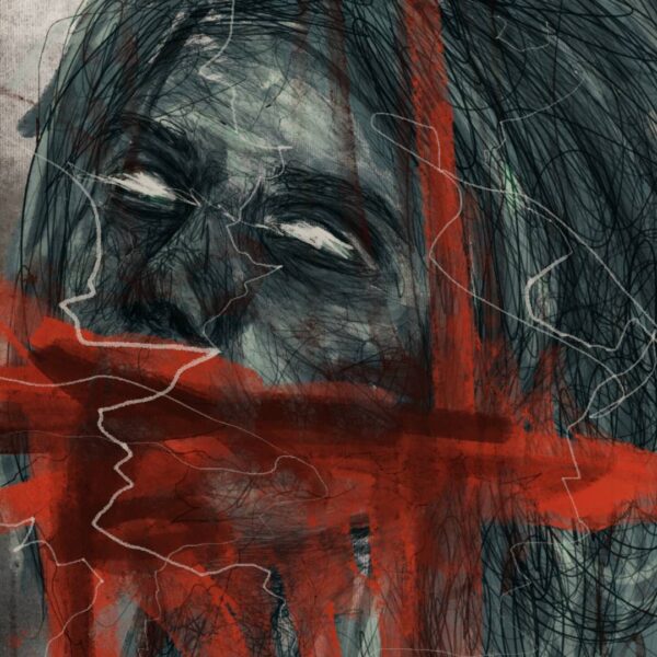 Focus on a contemporary abstract digital painting called Mutisme by Belgian artist Laëtitia Nemery. Canvas in predominantly red and gray tones. Portrait painting