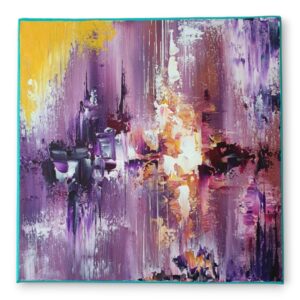 Tableau abstrait “Blooming” – peinture acrylique sur toile 30x30 cm, dans des tons mauves, jaunes et blancs, évoquant des fleurs abstraites.