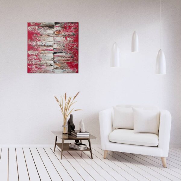 Passion - abstract painting by Belgian artist Laetitia Nemery. Painted on canvas in shades of red, black and white, with touches of silver. strong contrasts and textural effects. Representation in modern interior design. Artwork from online art gallery.