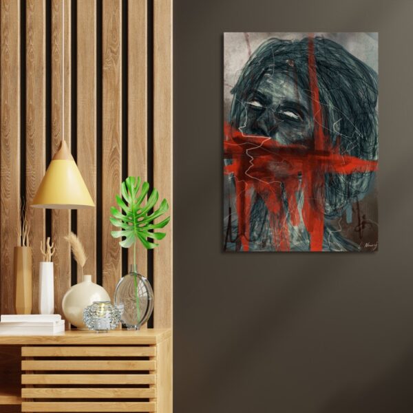 Interior decor featuring a contemporary abstract digital art painting on the wall by Belgian painter Laëtitia Nemery. Canvas in predominantly red and gray tones. Portrait painting