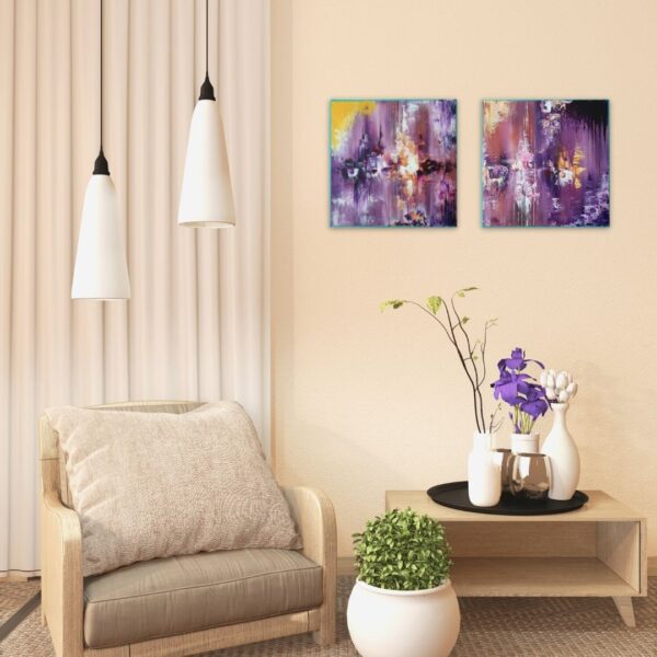 Blooming and Pensée - abstract paintings by Belgian artist Laetitia Nemery. Painting on canvas in mauve tones with strong contrasts of white and yellow and textural effects. Representation in modern interior design. Artwork from online art gallery.