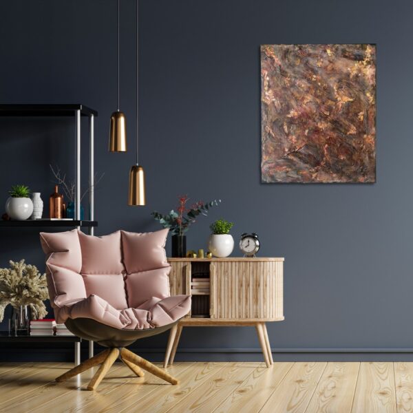 Canyon - abstract painting by Belgian artist Laetitia Nemery. Painting on canvas in brown tones with gold and pink highlights. strong contrasts and textural effects. Representation in modern interior design. Artwork from online art gallery.