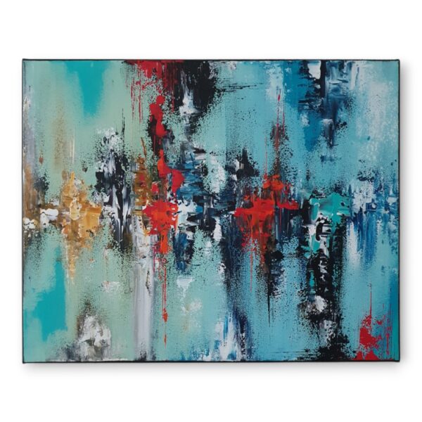 Vertiges - tableau d'une peinture abstraite réalisée par l'artiste peintre belge Laetitia Nemery. Peinture sur toile dans les tons bleu fort contrastes avec du blanc, jaune et rouge et effets de texture. Oeuvre de galerie d'art en ligne.