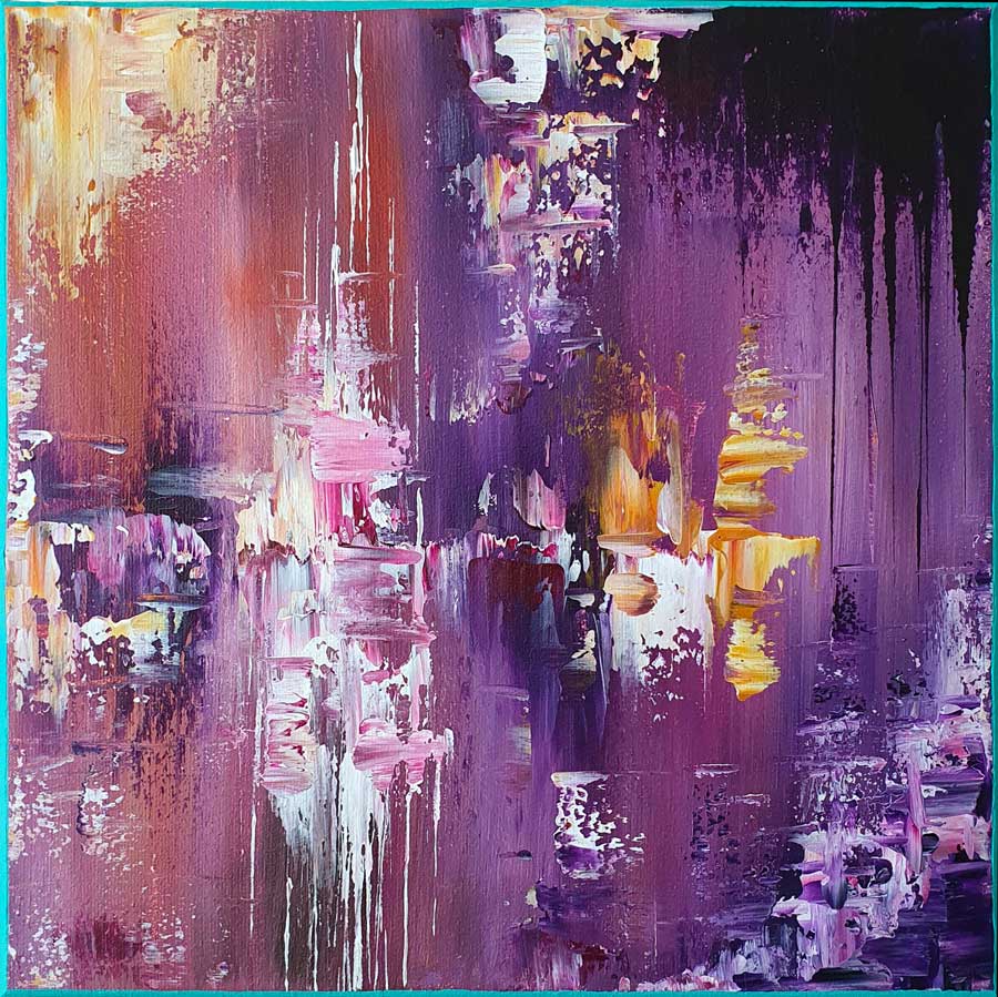 Pensée - abstract painting by Belgian artist Laetitia Nemery. Painting on canvas in mauve tones with strong contrasts of white and yellow and textural effects. Artwork from online art gallery.