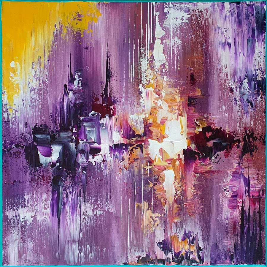 Blooming - abstract painting by Belgian artist Laetitia Nemery. Painting on canvas in mauve tones with strong contrasts of white and yellow and textural effects. Artwork from online art gallery.