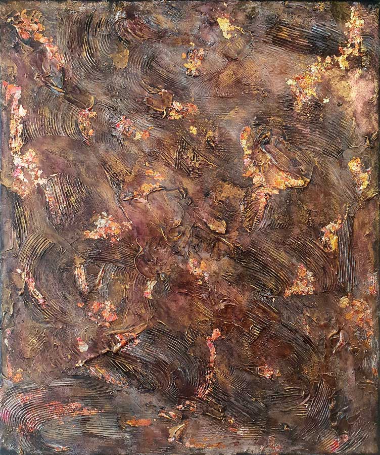 Canyon - abstract schilderij van de Belgische kunstenares Laetitia Nemery. Schilderij op canvas in bruintinten met gouden en roze accenten. sterke contrasten en textuureffecten. Online kunstgalerie.