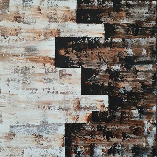 Fragments - abstract painting by Belgian artist Laetitia Nemery. Painting on canvas in beige and black tones. strong contrasts and textural effects. Artwork from online art gallery.