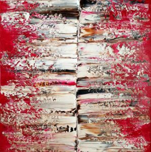 Passion - tableau d'une peinture abstraite réalisée par l'artiste peintre belge Laetitia Nemery. Peinture sur toile dans les tons rouge, noir et blanc ainsi que des touches d'argent. fort contrastes et effets de texture. Oeuvre de galerie d'art en ligne.