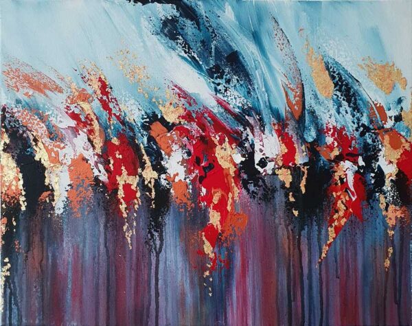 Lost treasure - abstract painting by Belgian artist Laetitia Nemery. Painted on canvas in shades of blue, red and white, with touches of gold. strong contrasts and textural effects. Artwork from online art gallery.