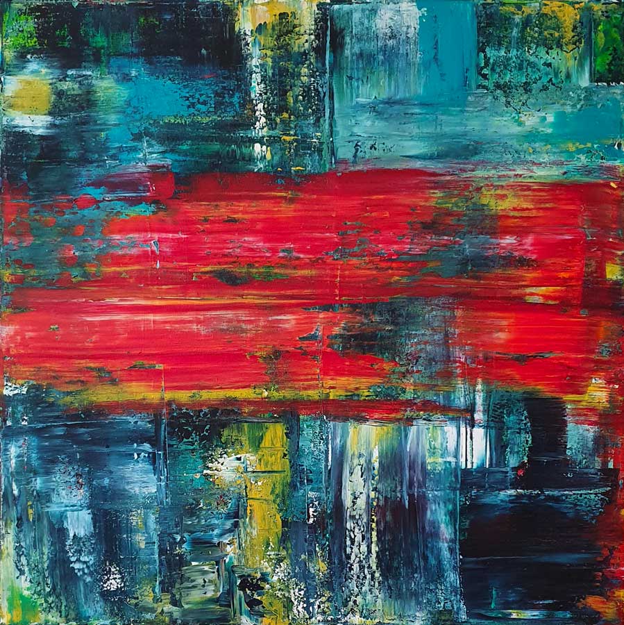 Tweed - Tableau d’une peinture abstraite acrylique de l’artiste belge Laëtitia Nemery. Toile d’art bleu, vert et contrastes de rouge. Oeuvre de galerie d’art en ligne Belgique