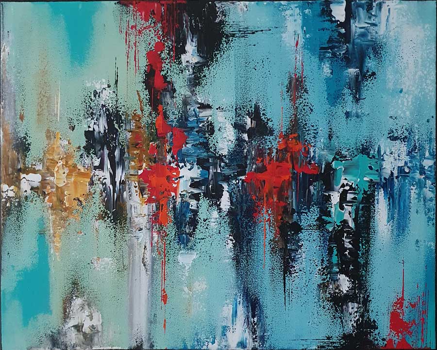 Vertiges - abstract painting by Belgian artist Laetitia Nemery. Painting on canvas in strong contrasting blue tones with white, yellow and red and textural effects. Artwork from online art gallery.