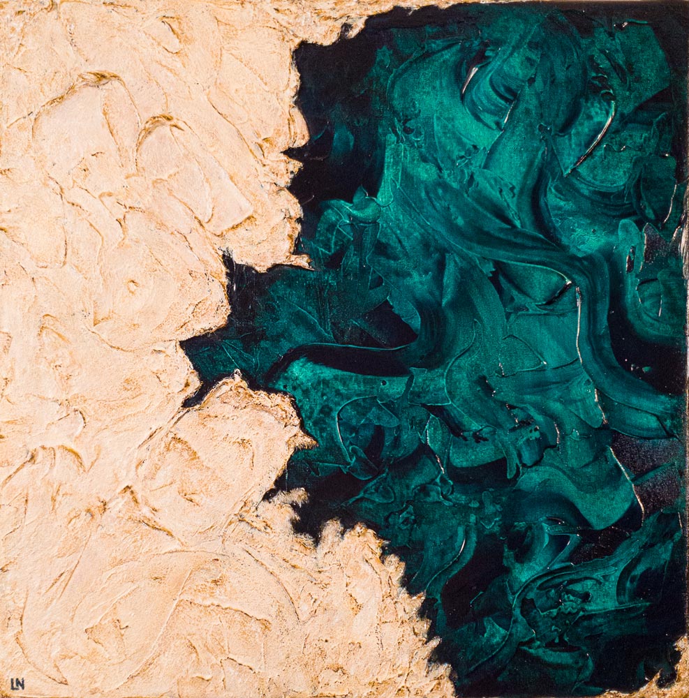 Peinture sur toile artiste peintre belge Mirage oeuvre dans les tons bleu-vert et beige, beaucoup de reliefs - art abstrait contemporain