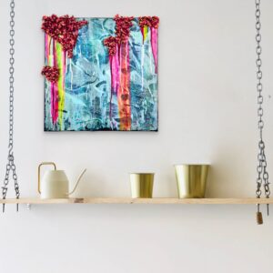 Peinture sur toile Chimères, peinture colorée néon fluo. Tableau art abstrait acrylique et collage