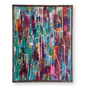Abstract schilderij "Sweet" - ingelijst acrylschilderij 90x70 cm, opgehangen in een lichtgevend interieur met ebbenhouten eikenhouten lijst. Laetitia Nemery belgisch schilder brussel