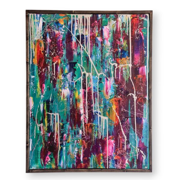 Tableau abstrait “Sweet” – peinture acrylique 90x70 cm encadrée, accrochée dans un intérieur lumineux avec cadre bois de chêne ébène. Laetitia Nemery peintre belge bruxelles