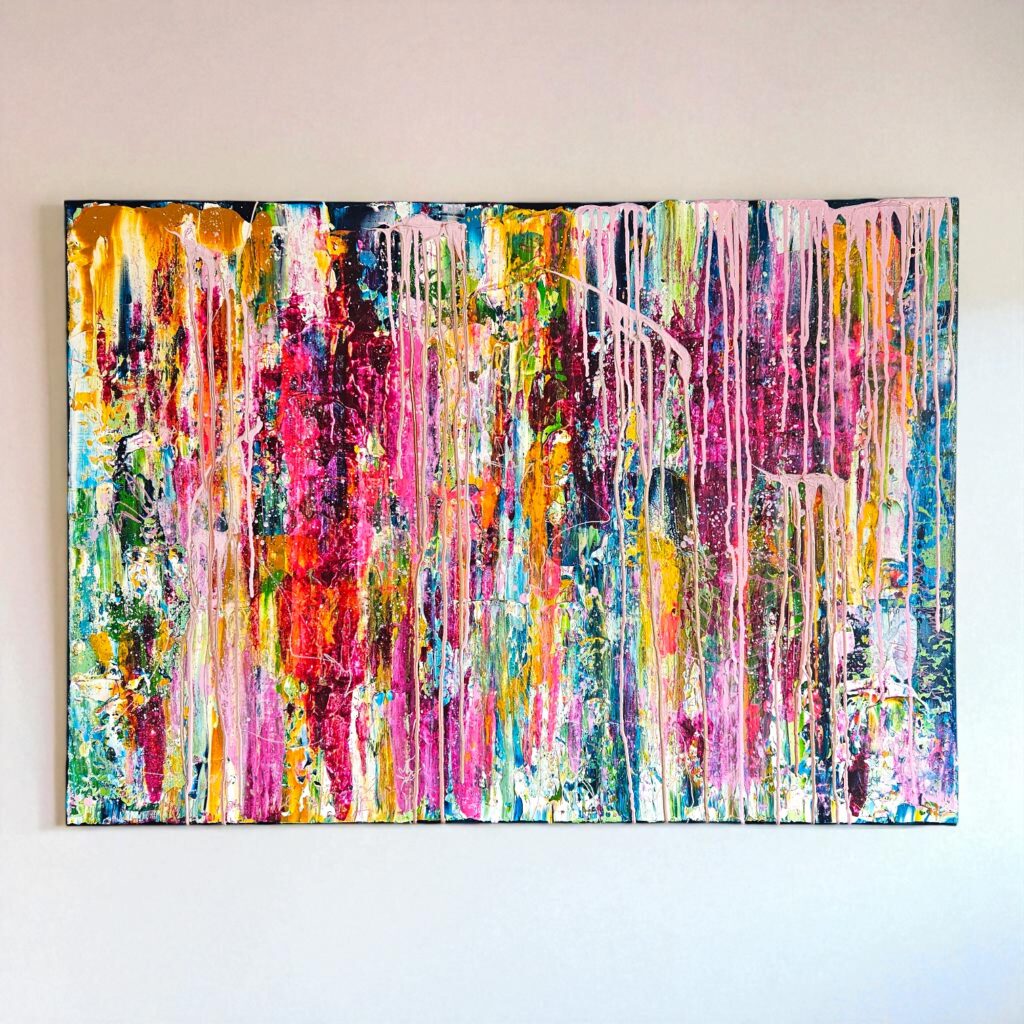 Cassandre peinture abstraite colorée sur toile par Laetitia Nemery artiste peintre belge