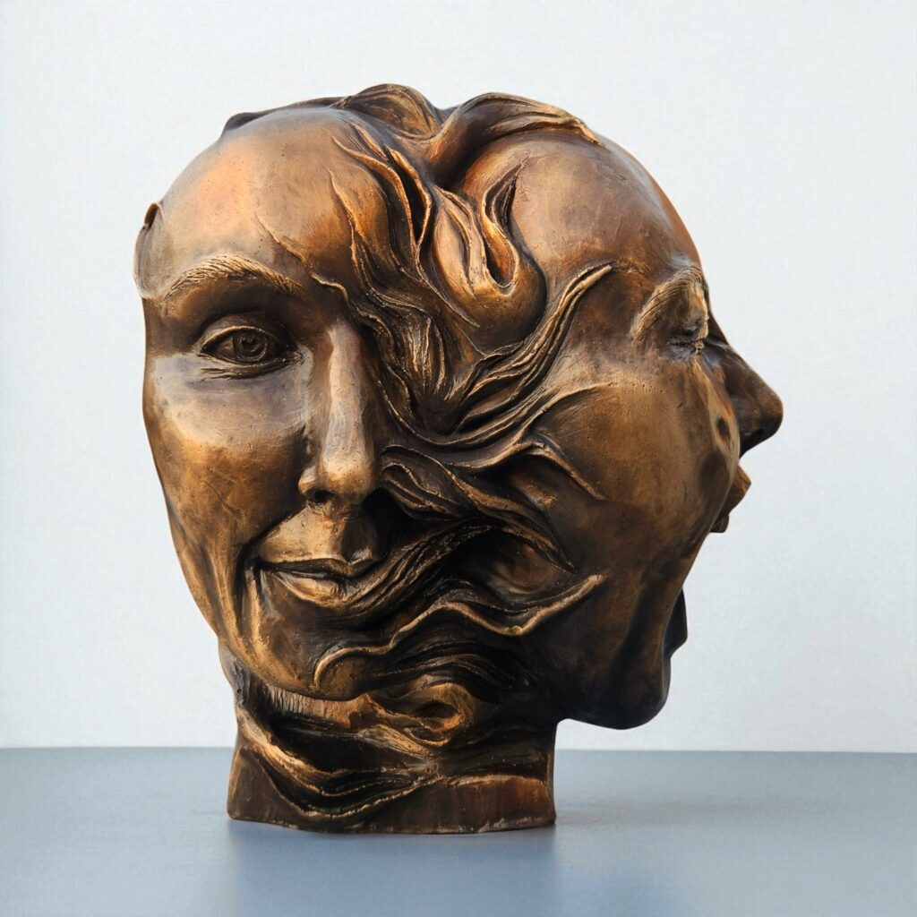 sculpture contemporaine surréalisme portrait par l'artiste belge Laetitia Nemery sculpture en bronze