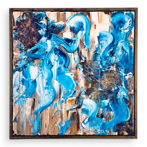 Peinture abstraite “Sambleu” – toile 80x80 cm aux tons bleus dynamiques, sur fond brun texturé, encadrée en bois foncé. Laetitia Nemery artiste bruxelloise belgique
